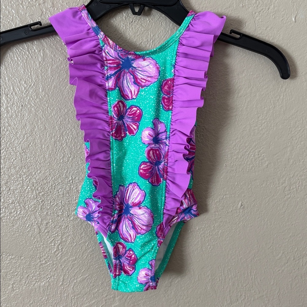 Wave Zone Toddler One Piece Swimsuit Tropical Floral Purple Green 2T